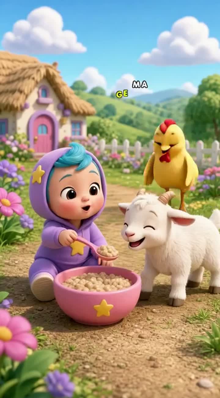Baby Lala gives food from his bowl to the little goat… — AI cartoon