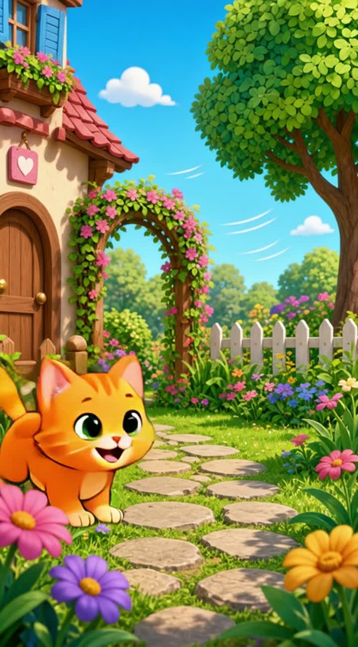 A cute orange cat and a brown dog playing together in a sunny… — AI cartoon