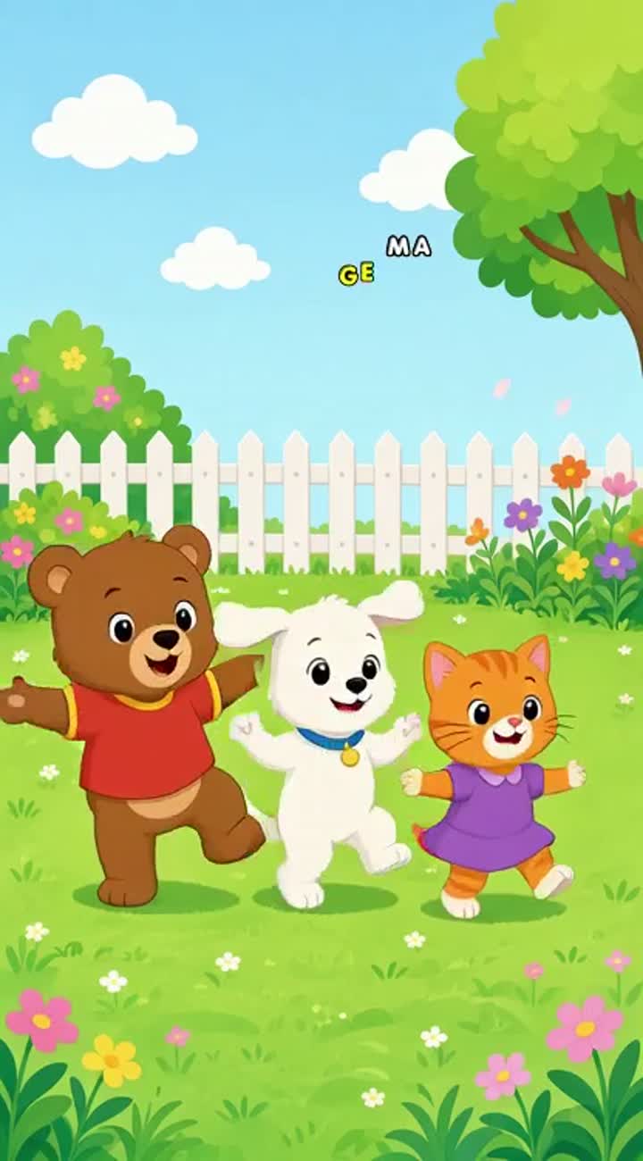 Goluu the little brown bear, Pinu the white puppy and Tara… — AI cartoon