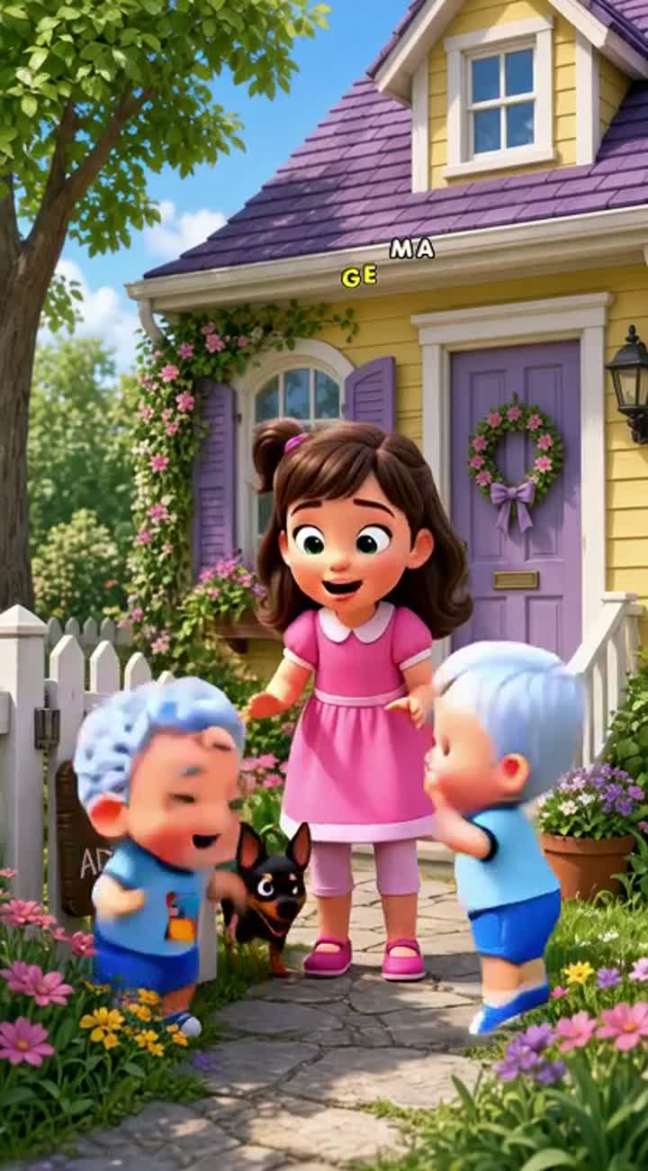 6-year-old girl with greenish-blue eyes and shoulder-length brown hair — AI cartoon