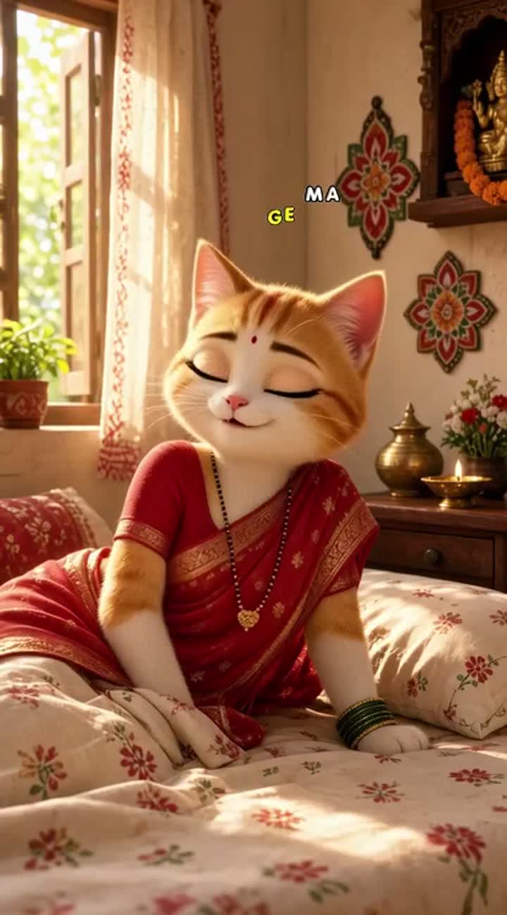 Cute anthropomorphic Indian female cat wearing a beautiful red… — AI cartoon