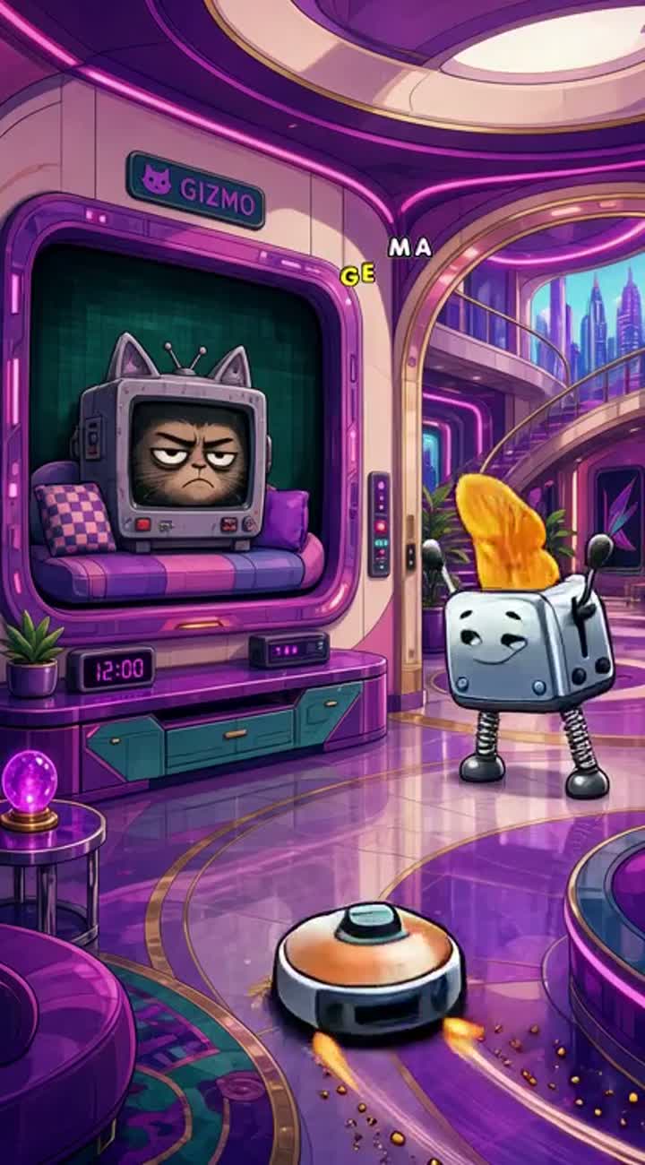 A vibrant, retro-futuristic 2D animated cartoon set inside… — AI cartoon