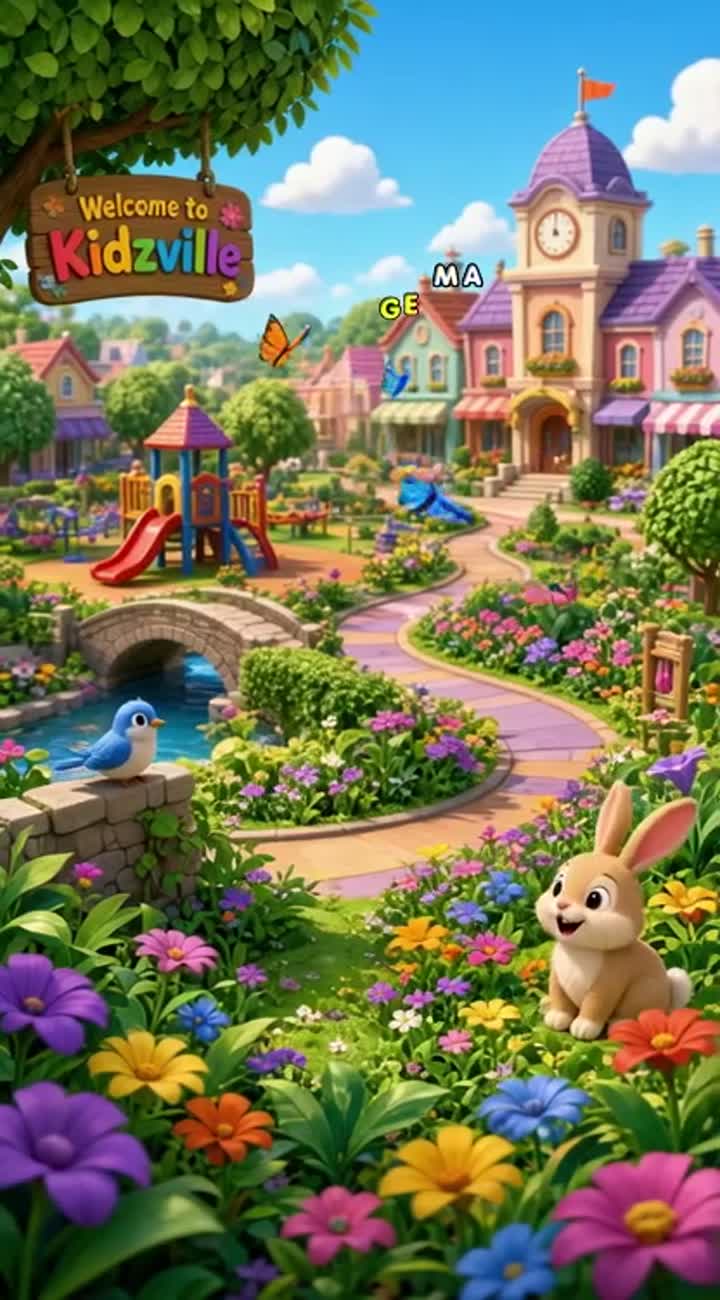 A sweeping camera glide over the beautiful town of Kidzville… — AI cartoon