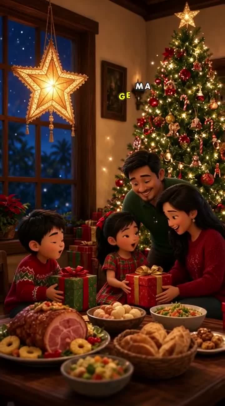 Beautiful 3D animated Christmas Eve scene in a cozy Filipino home — AI cartoon