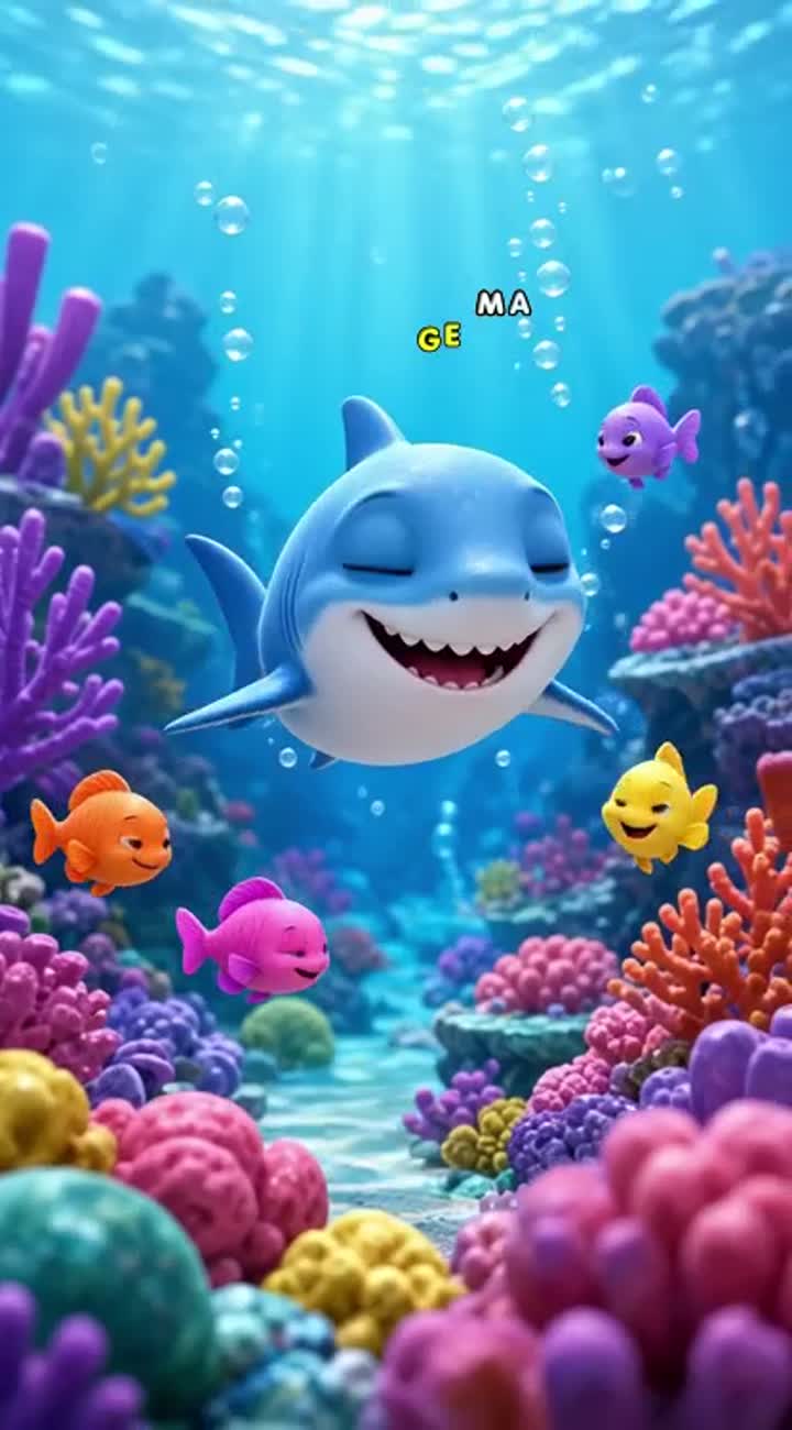 A cute original baby blue shark with big friendly eyes swims… — AI cartoon