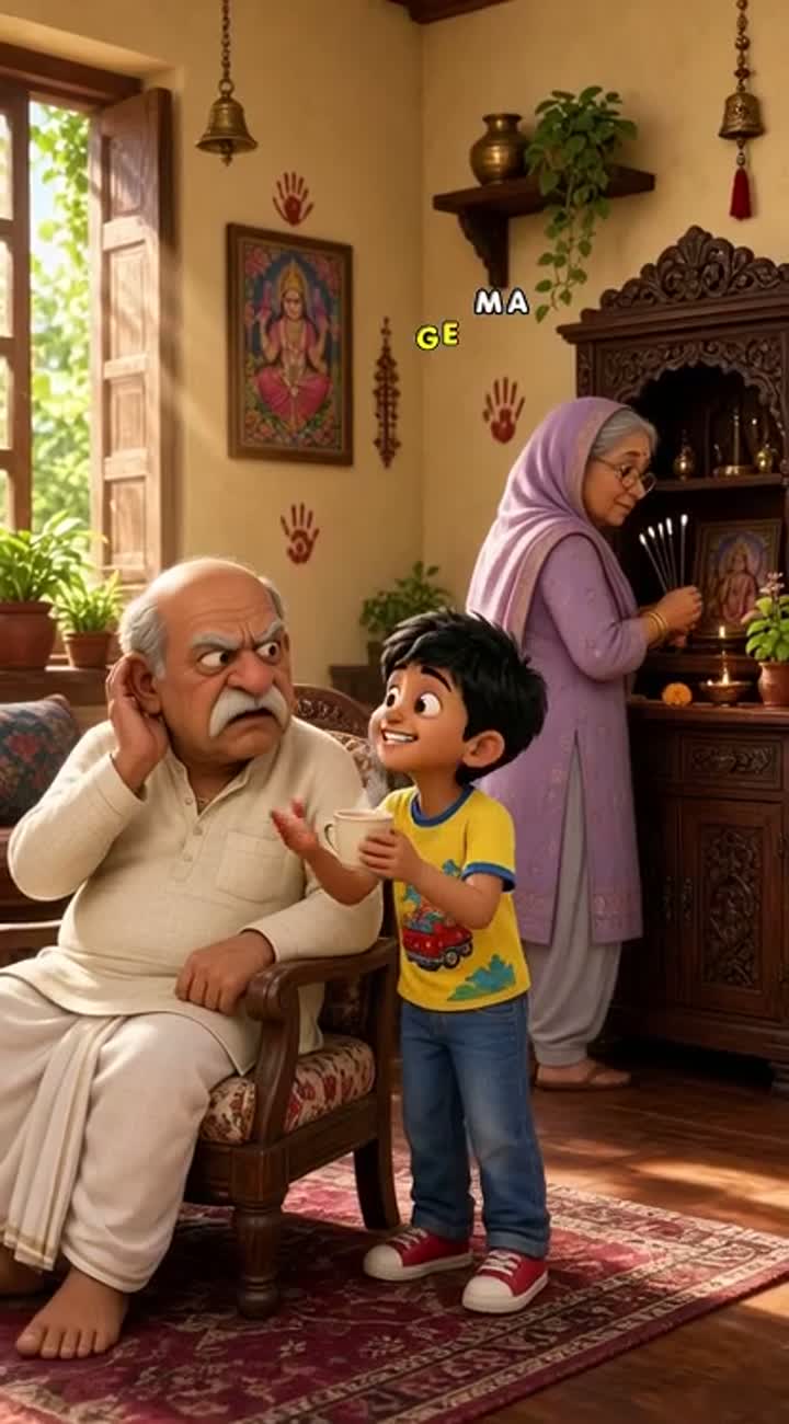 Single continuous shot inside a traditional Hindu Indian home… — AI cartoon