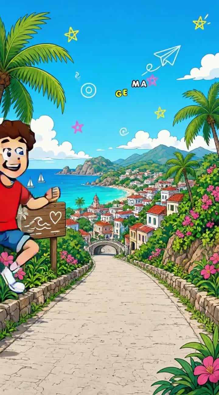 Short animated intro for a travel vlog featuring four best friends… — AI cartoon