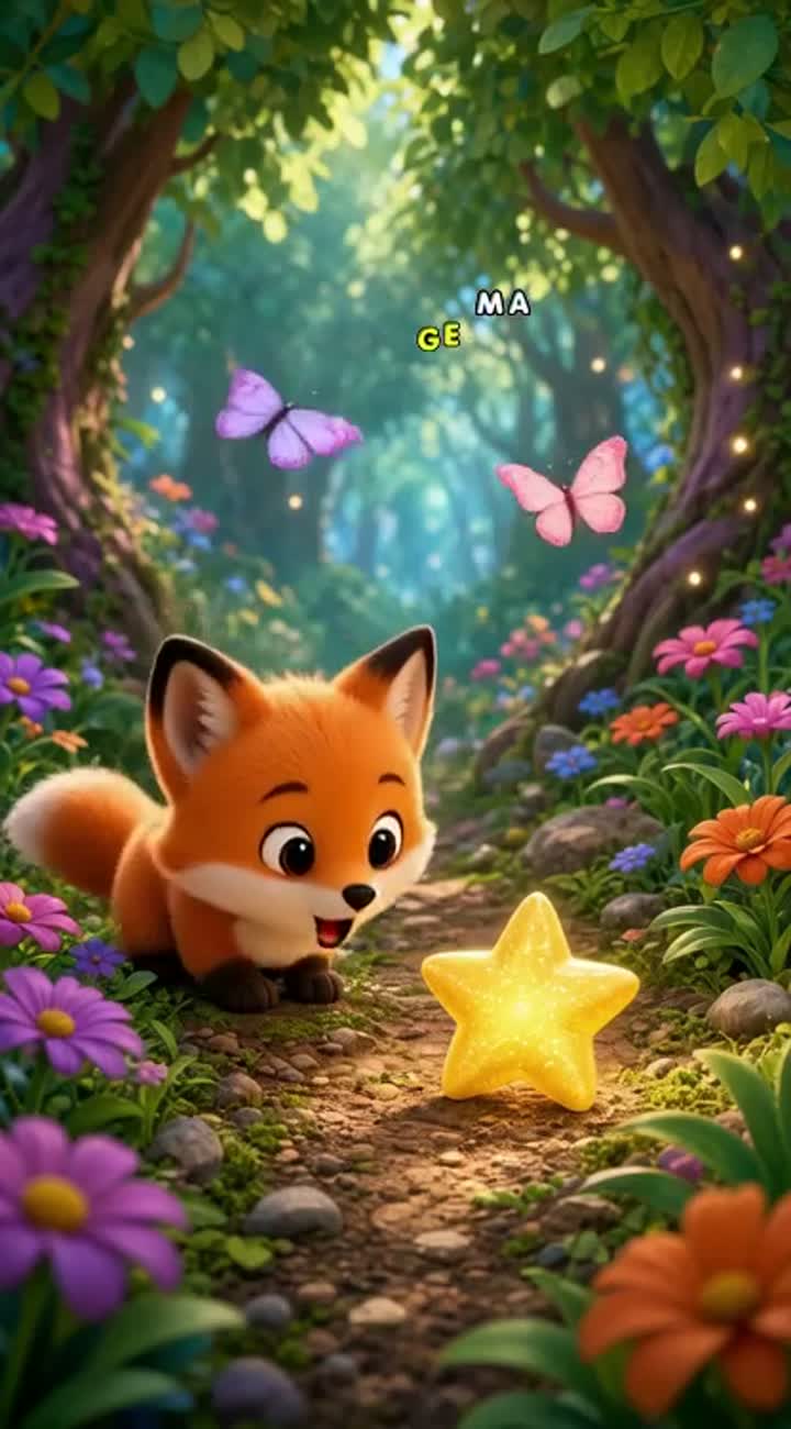 A little orange fox finds a lost golden star in a magical forest… — AI cartoon