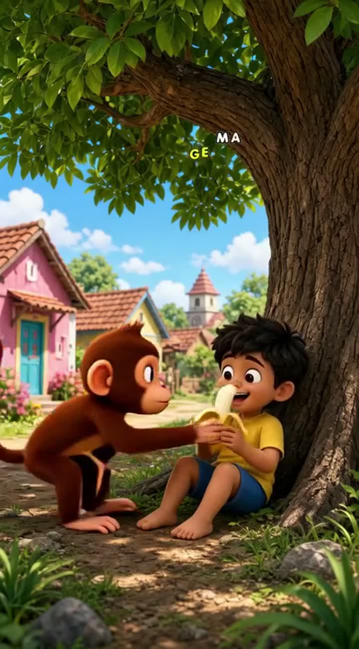 In a single continuous shot, a small child sits beneath a tree… — AI cartoon