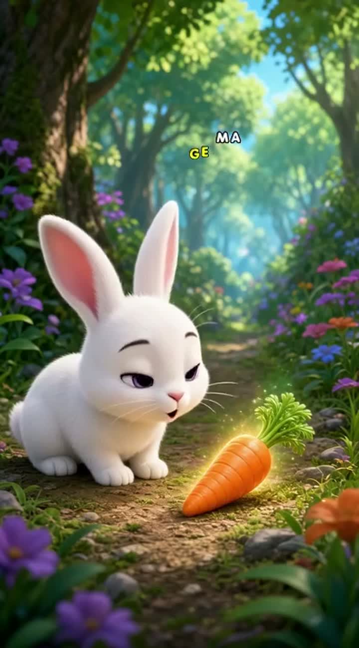 A cute white bunny finds a magic carrot in a colorful forest — AI cartoon