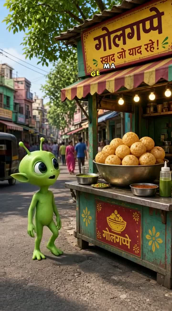 A cute green alien with big eyes lands on Earth and sees an Indian… — AI cartoon