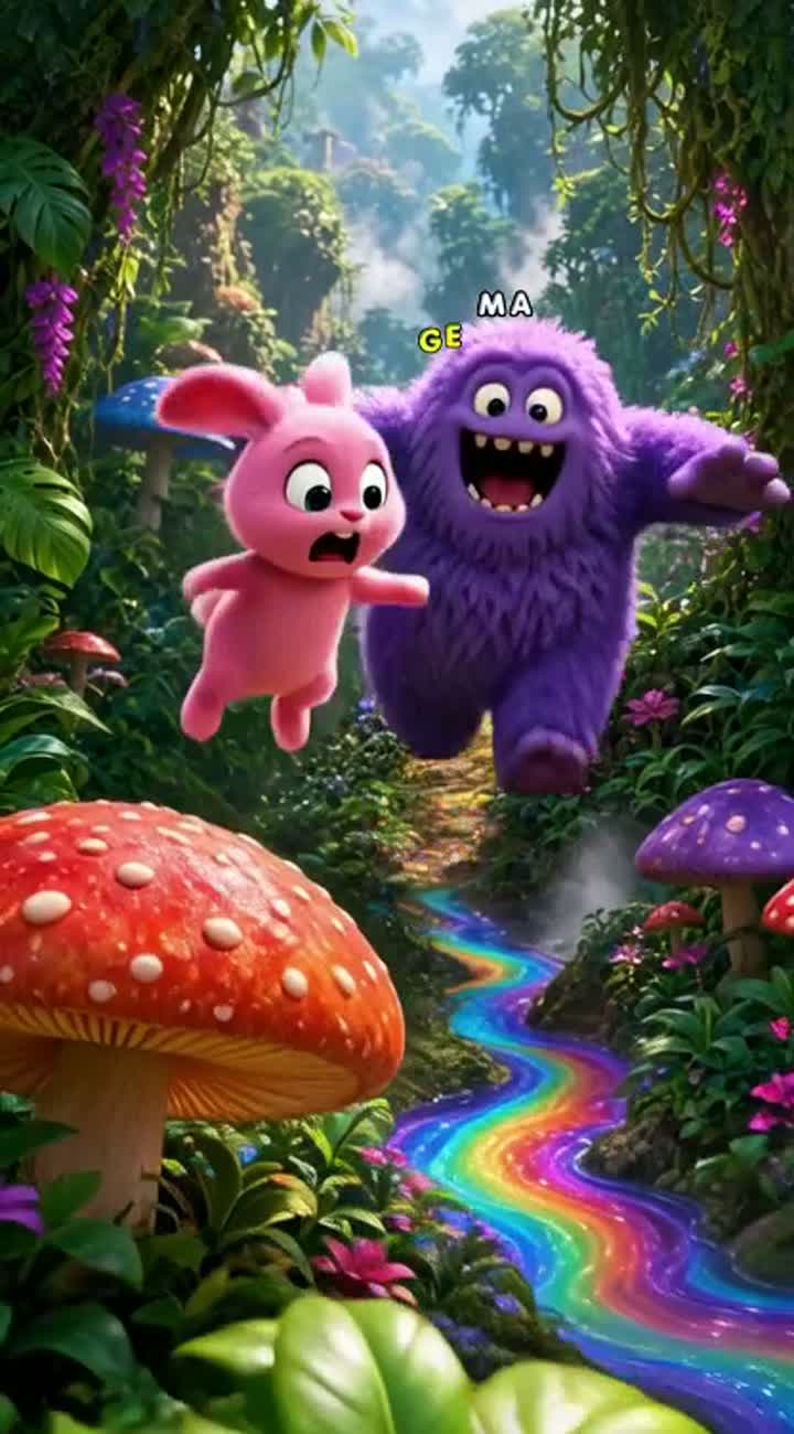 A cute pink bunny is chased by a giant fluffy purple monster… — AI cartoon