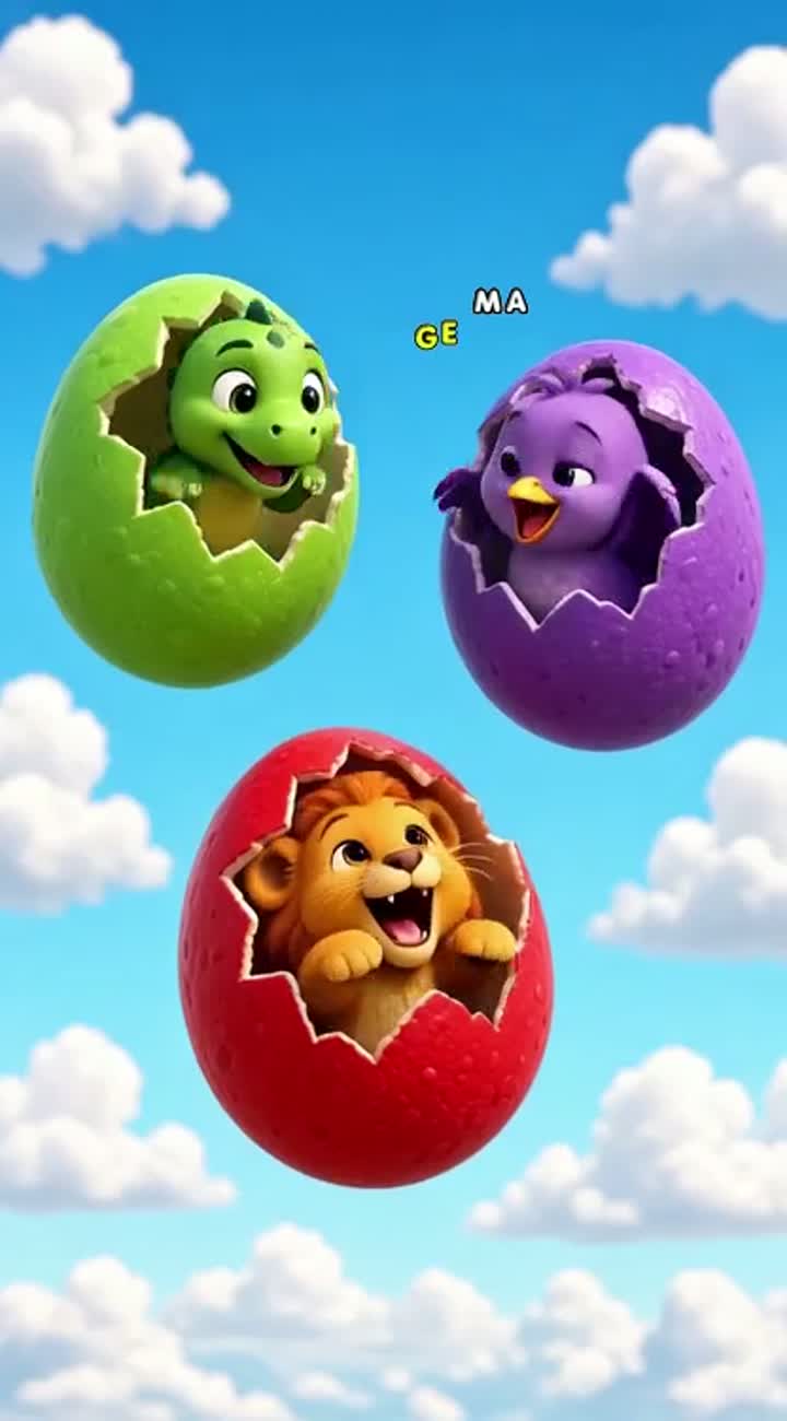 Three giant eggs, green, purple and red, float in a bright blue sky — AI cartoon