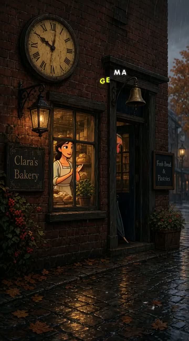 The old clock on the brick wall ticked in slow, heavy breaths — AI cartoon