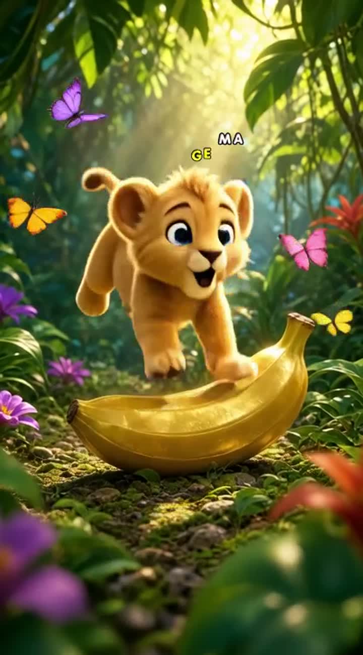A cute baby lion with big blue eyes discovers a giant golden… — AI cartoon