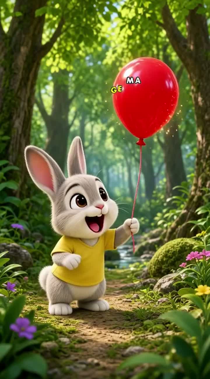 A cute little rabbit wearing a yellow shirt finds a magical red… — AI cartoon
