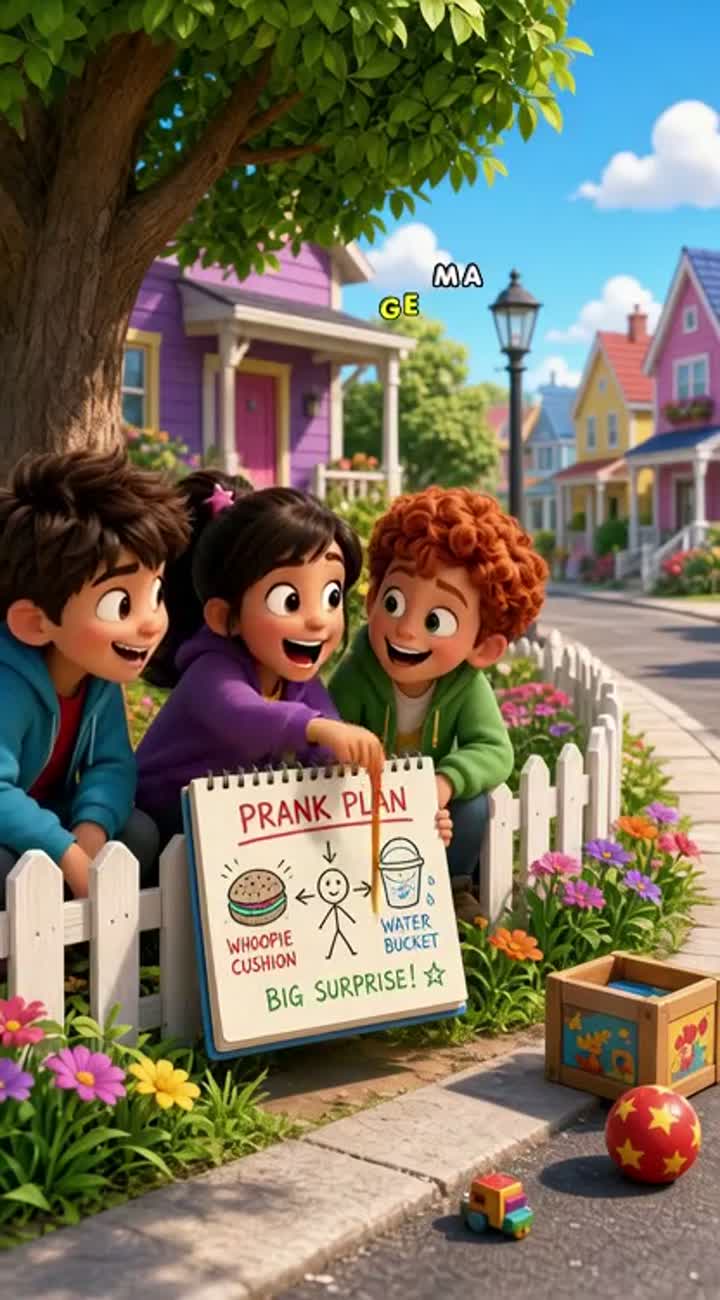 Cheerful, funny 3D animated kids' cartoon featuring three… — AI cartoon