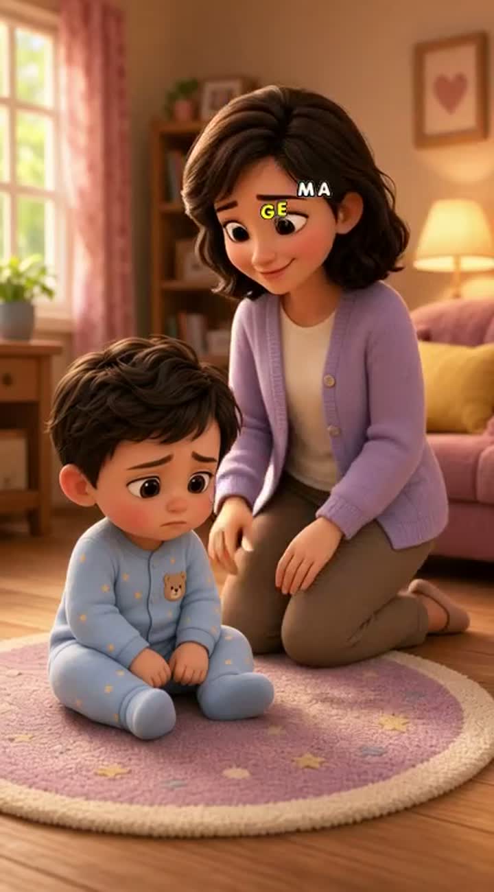 Same cute 3D baby and same mother, mother gently walks toward… — AI cartoon