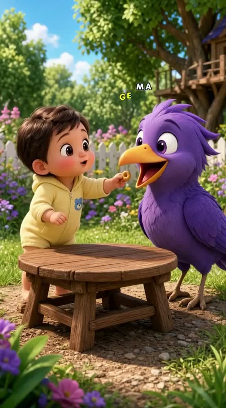 Same purple bird and same baby stop beside a small picnic table — AI cartoon
