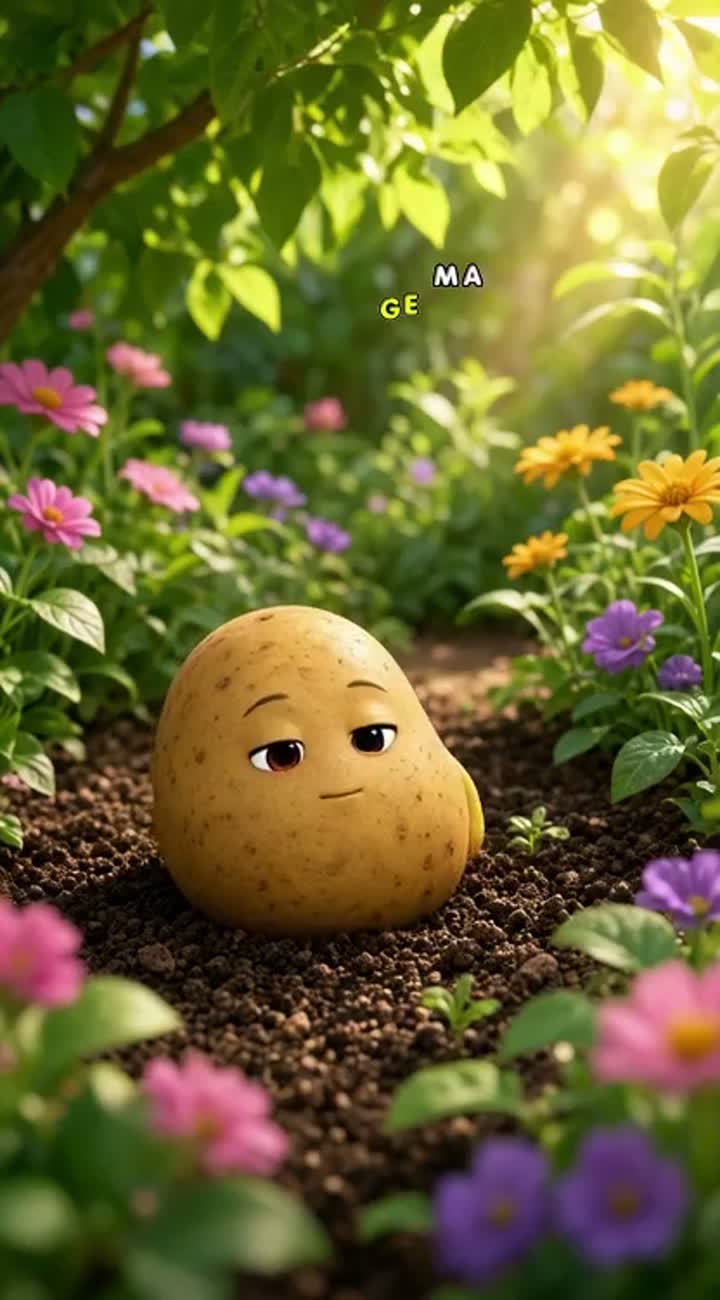 The potato slowly wakes up, blinks twice, smiles… — AI cartoon
