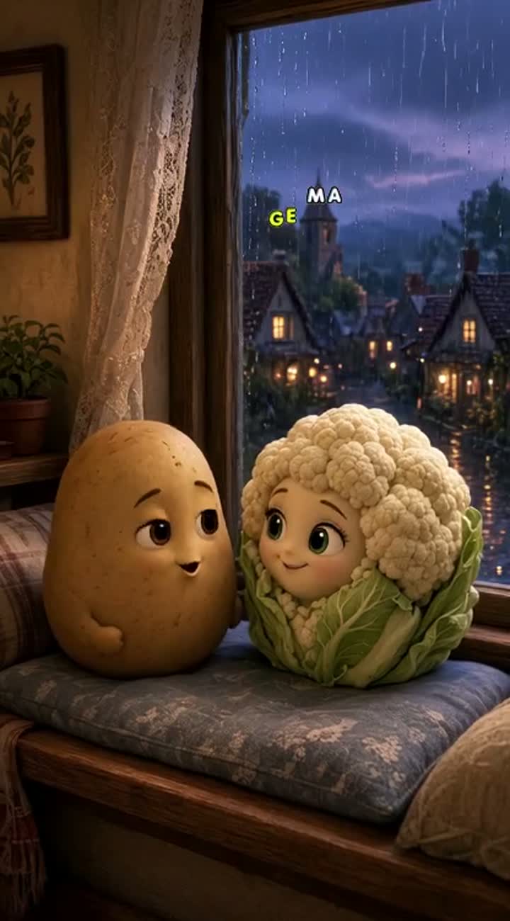 A cute romantic cartoon story about a potato boy and a cauliflower… — AI cartoon