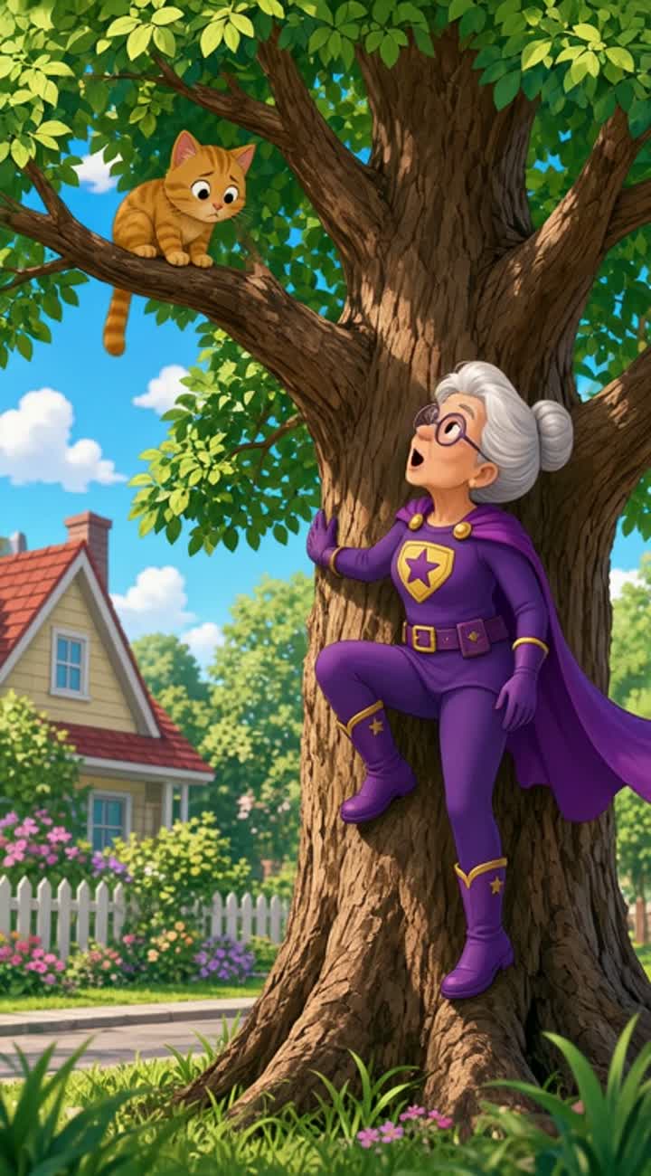 A grandma superhero saving her cat from a tree — AI cartoon