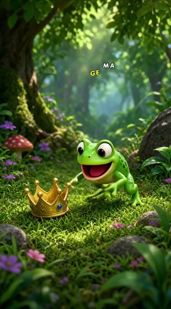 A cute little green frog is hopping around a magical forest when… — AI cartoon