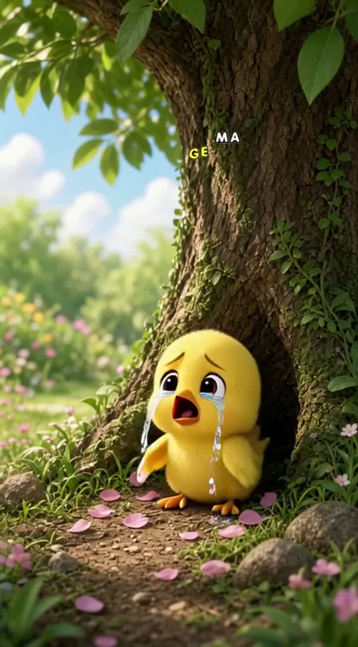 A cute white rabbit finds a little yellow bird crying under a tree… — AI cartoon