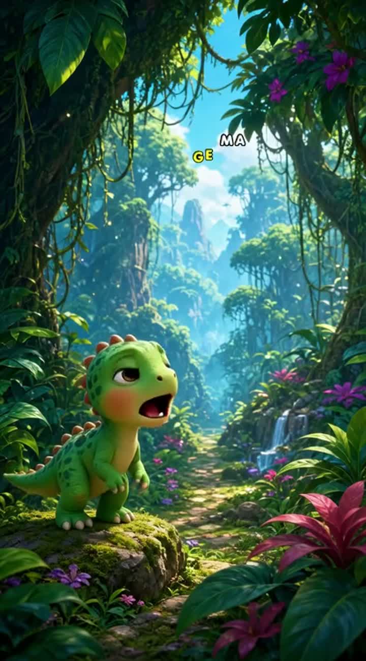 A cute baby dinosaur gets lost in a magical jungle and meets… — AI cartoon