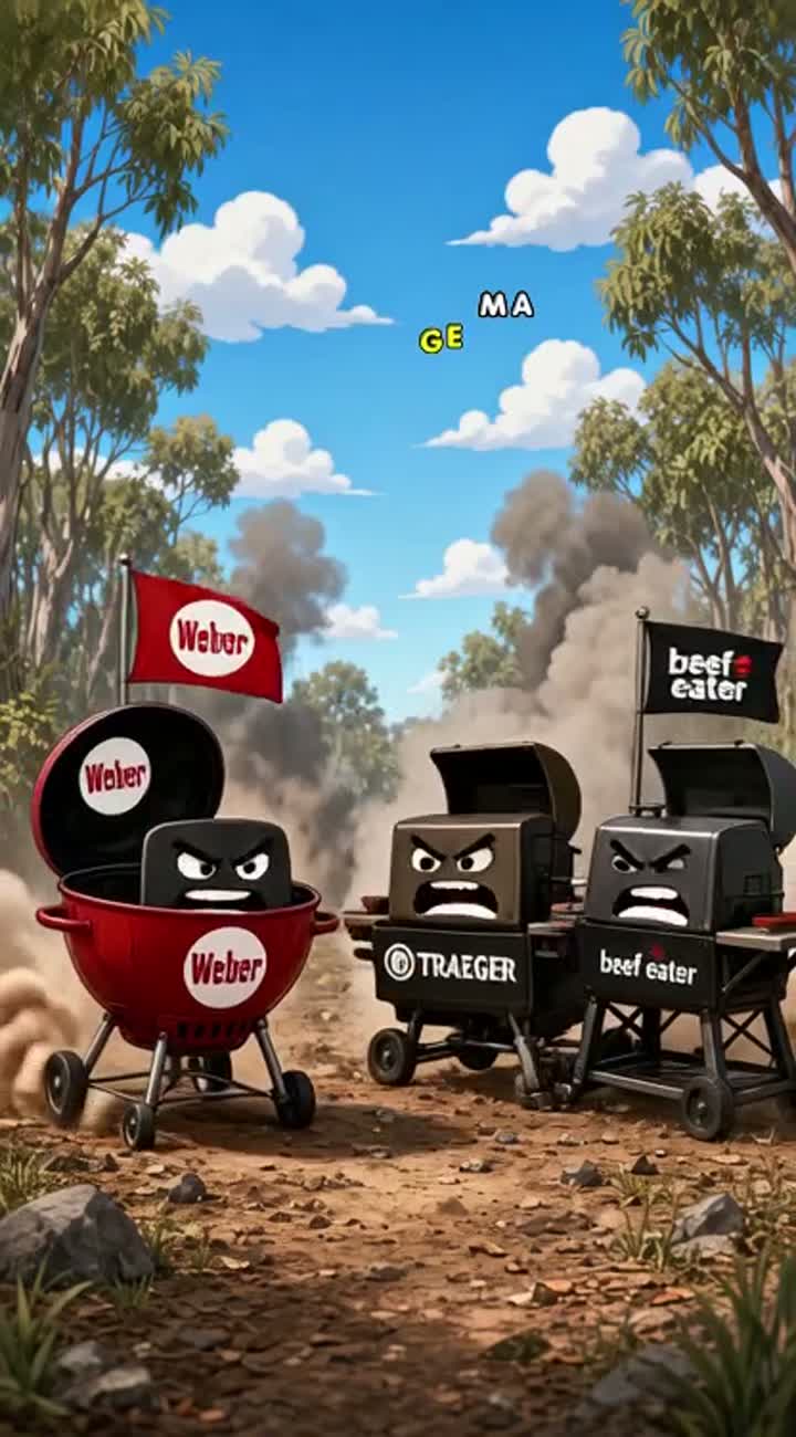 A battle scene with Weber barbecues vs Traeger and beef eater bug… — AI cartoon