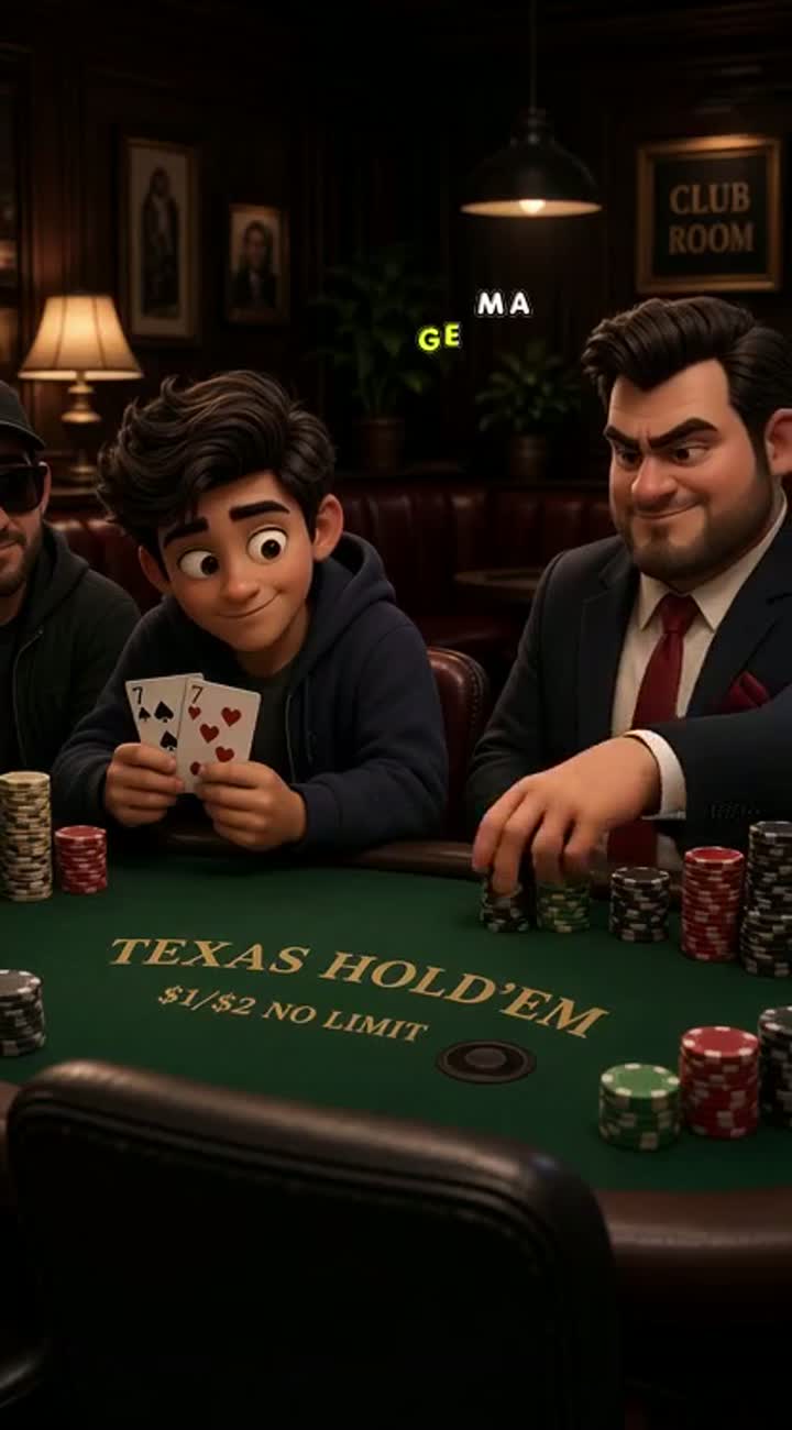 Short, dramatic cartoon poker video with scenes like: I am small blind — AI cartoon