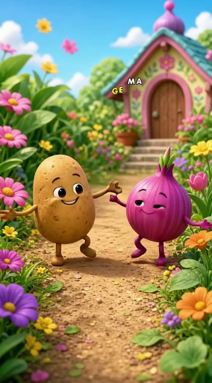A cute potato and an onion dancing together in a colorful cartoon… — AI cartoon