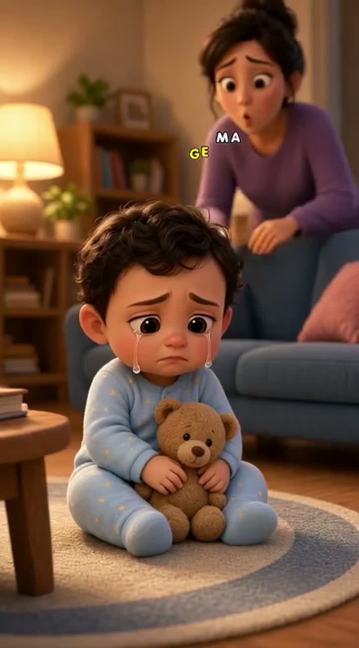 Cute 3D animated baby sitting alone in a cozy living room… — AI cartoon