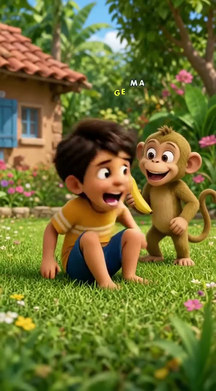 During the funny chase, the boy accidentally slips on soft green… — AI cartoon
