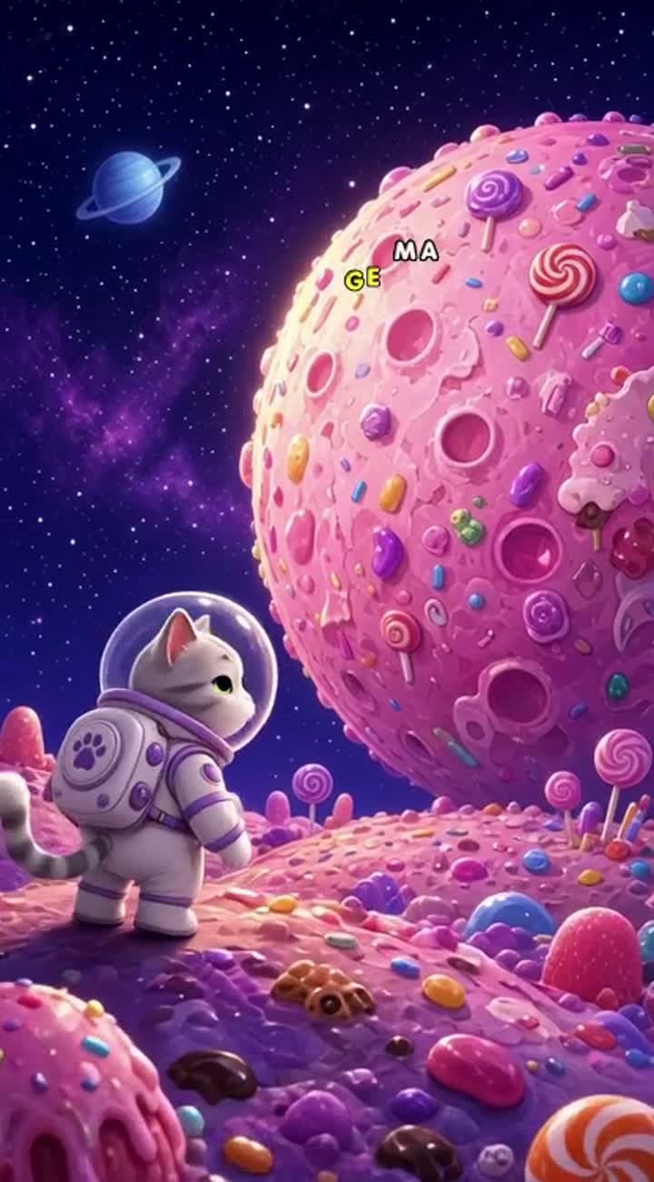 A tiny astronaut cat discovering a candy planet — AI cartoon