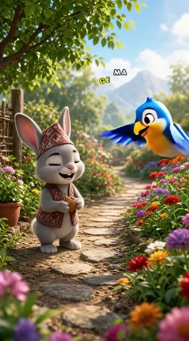 A small Nepali rabbit encounters a hungry bird on a path… — AI cartoon