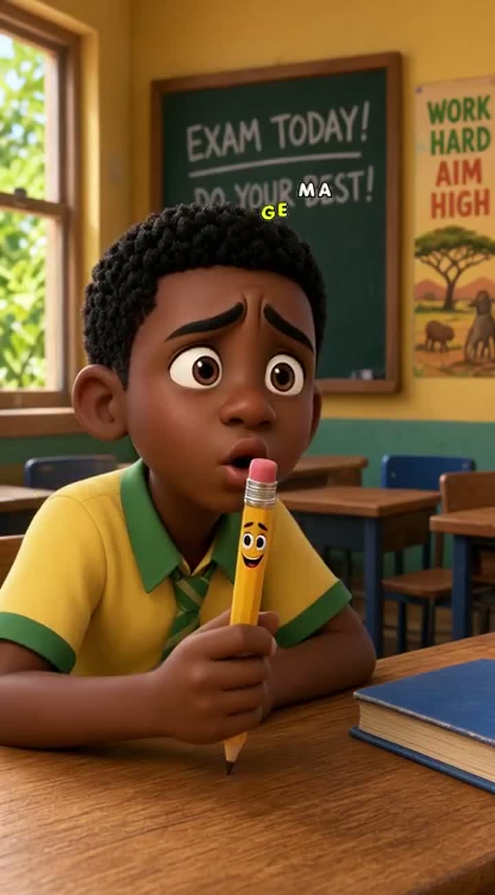 A funny 3D animated African schoolboy who asks his pencil to help… — AI cartoon