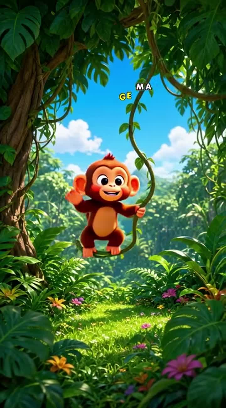 A cheeky baby monkey swings on a vine in the jungle and waves next… — AI cartoon