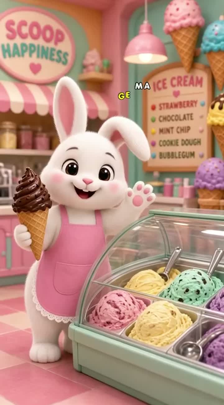 A small white rabbit wearing a pink apron stands inside a colorful… — AI cartoon