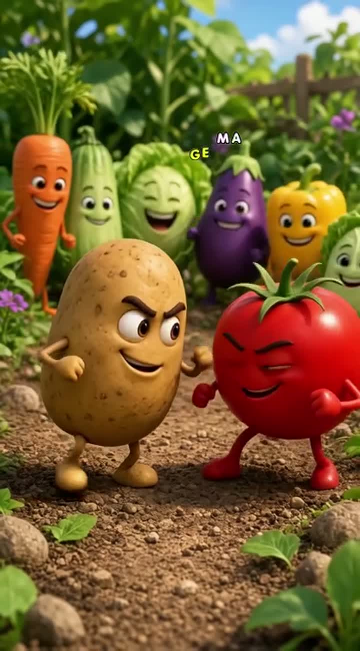 Same 3D cartoon vegetables, potato and tomato step forward… — AI cartoon
