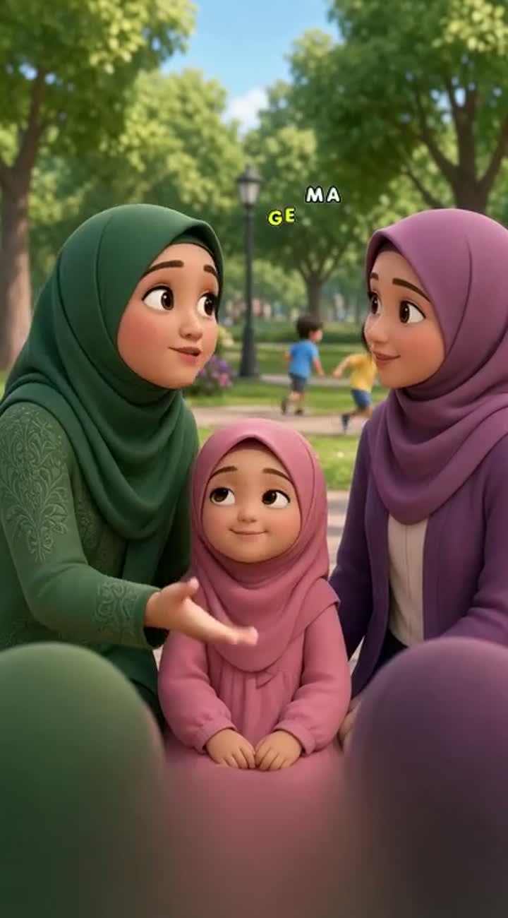 2 hijabi moms haina apni cute little hijabi girl beti ke sth or ek… — AI cartoon