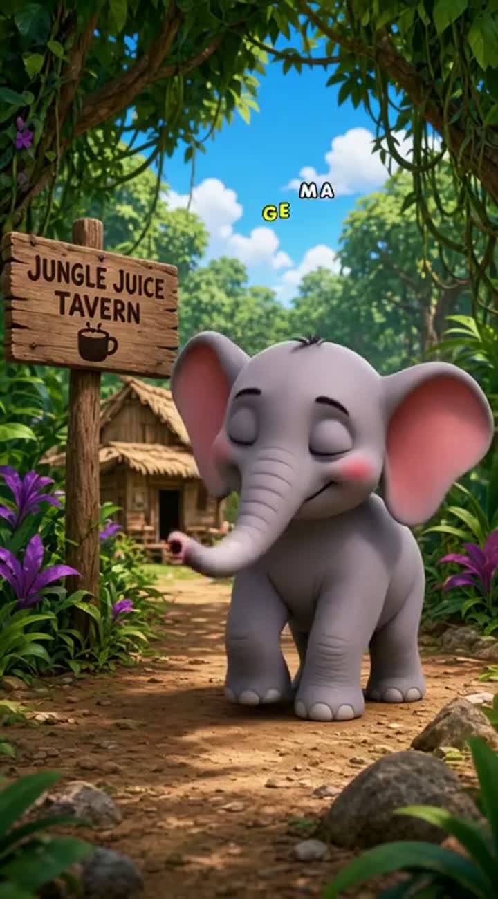 Cute elephant with big ears and small drunk Animated cartoon… — AI cartoon