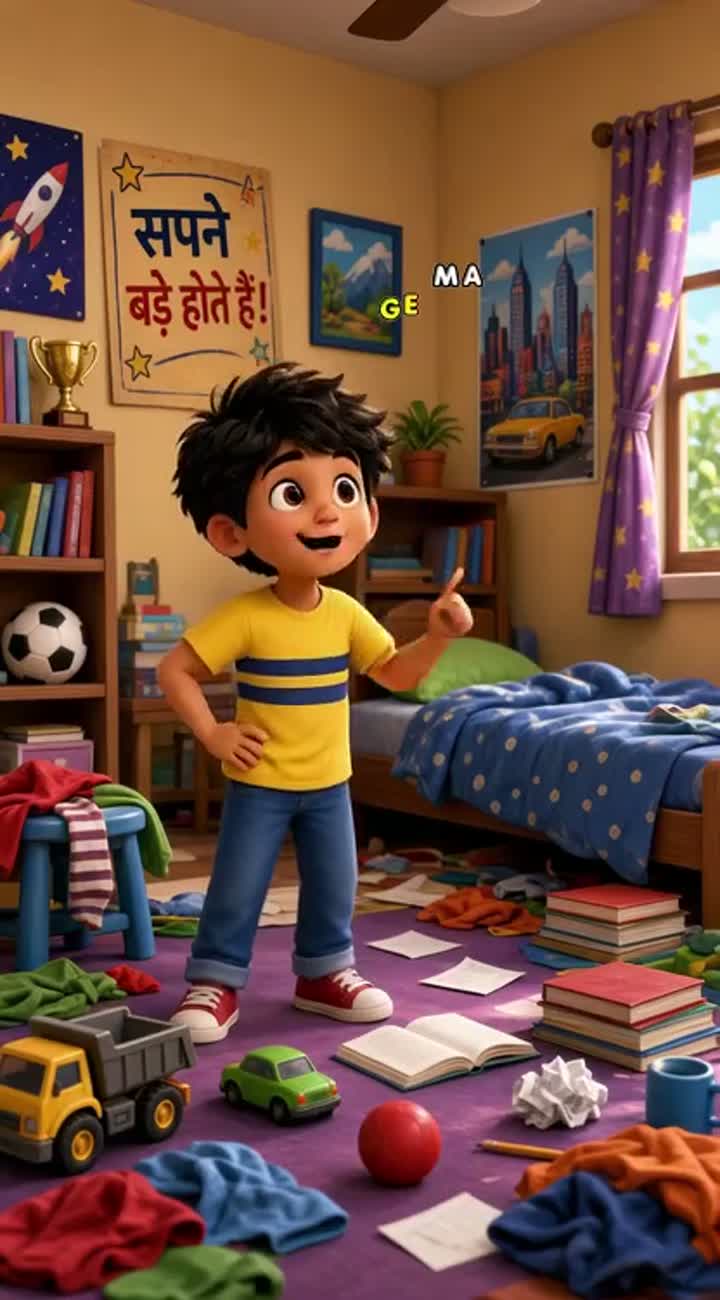 In a single continuous shot, a young Indian boy stands in his room… — AI cartoon