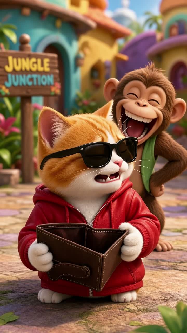 A funny cute 3D cartoon cat wearing the same red jacket… — AI cartoon