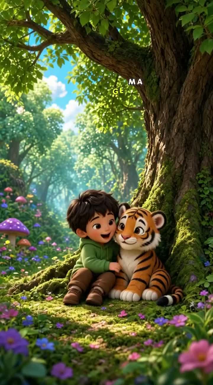 A little boy sits with his little tiger under a tree… — AI cartoon