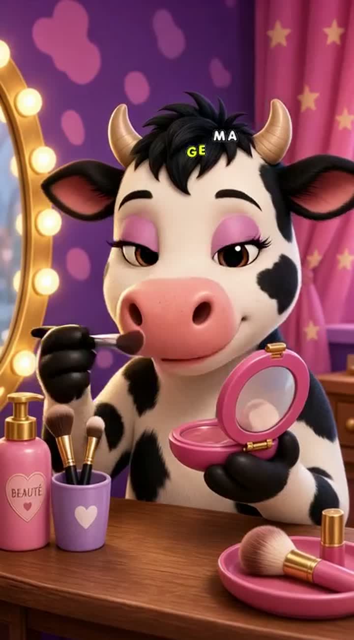 A vibrant, colorful cartoon featuring a cow applying makeup — AI cartoon