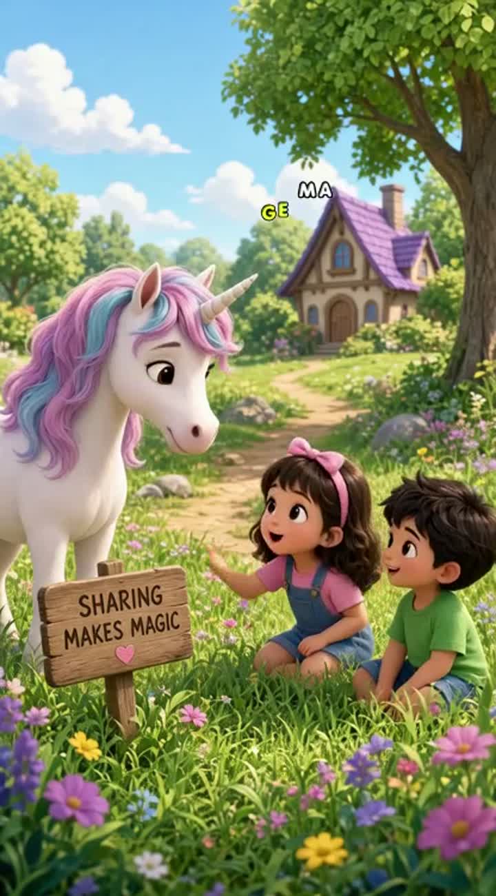 A unicorn and a little girl and a little boy learn a valuable… — AI cartoon
