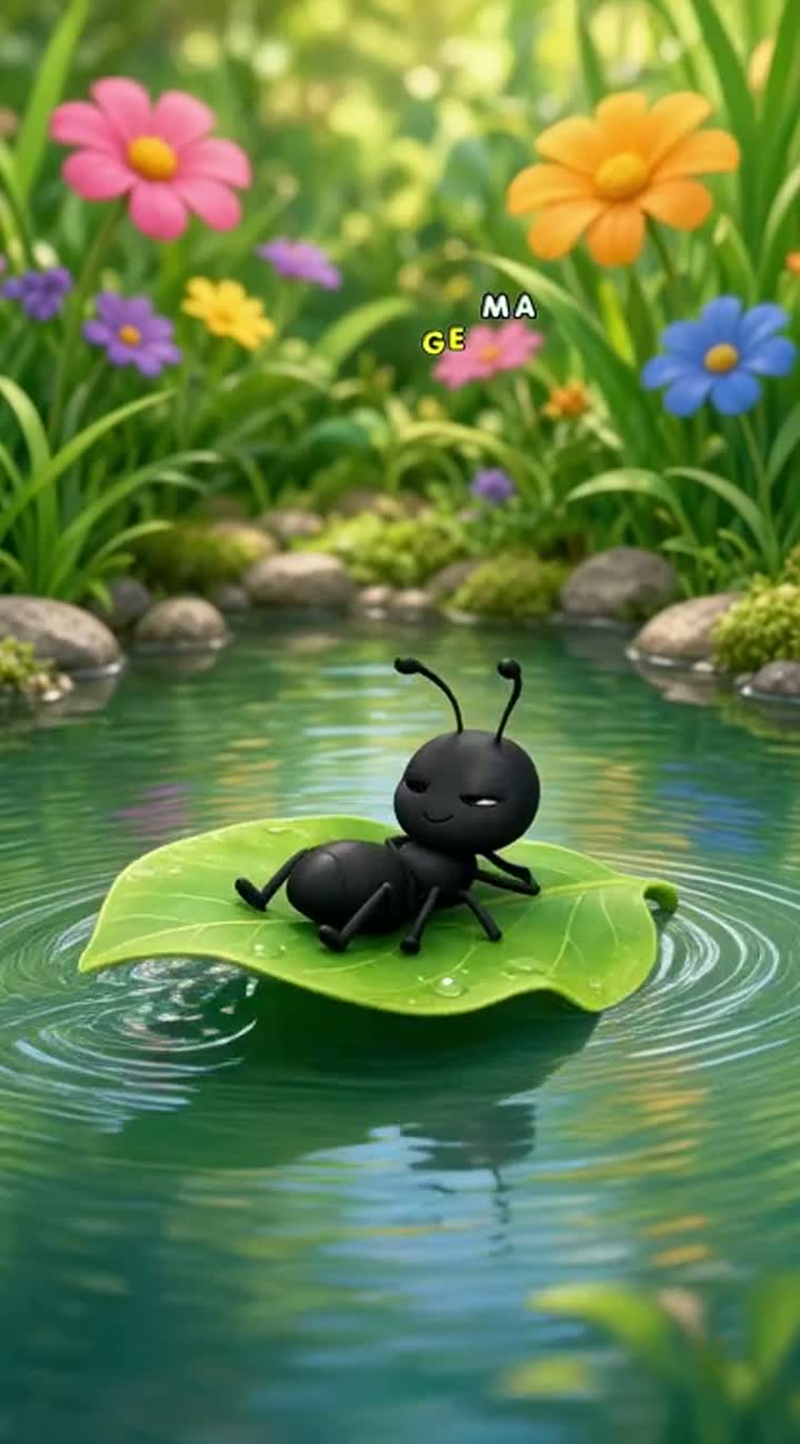 A cute little black ant with expressive eyes sits peacefully… — AI cartoon