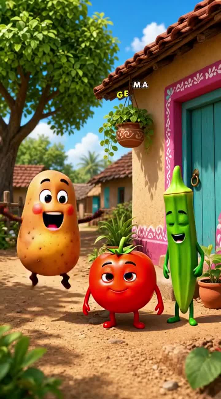 Cute 3D cartoon video of a funny potato, a red tomato and a green… — AI cartoon