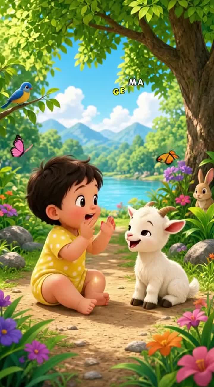 A toddler learning to count with a baby goat in a bright setting… — AI cartoon